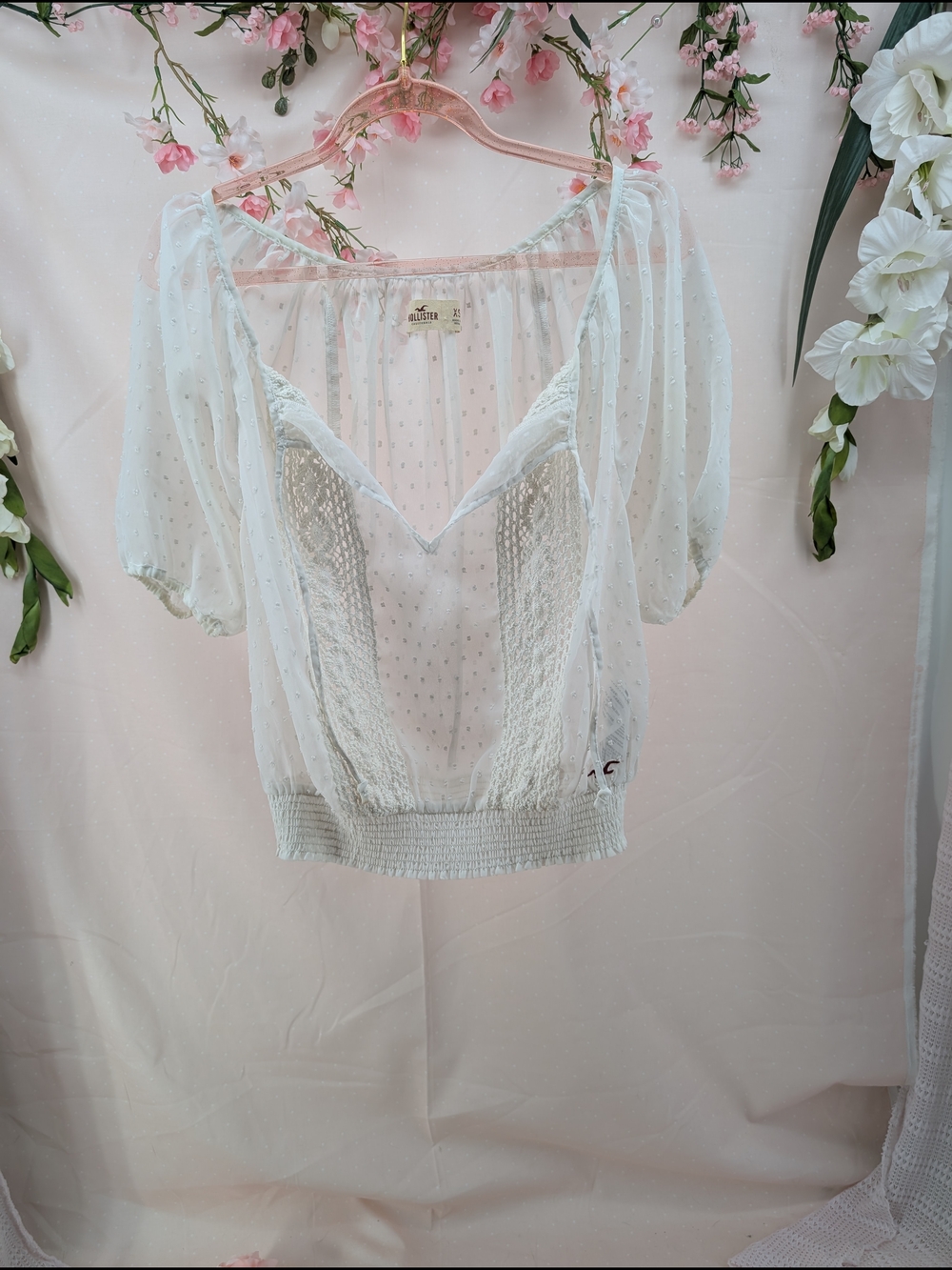 Hollister White Sheer Puff Sleeve Lace-Trim Blouse